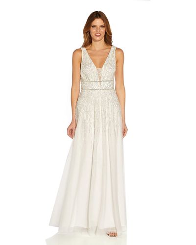 Adrianna Papell Beaded Mesh Chiffon Gown - White