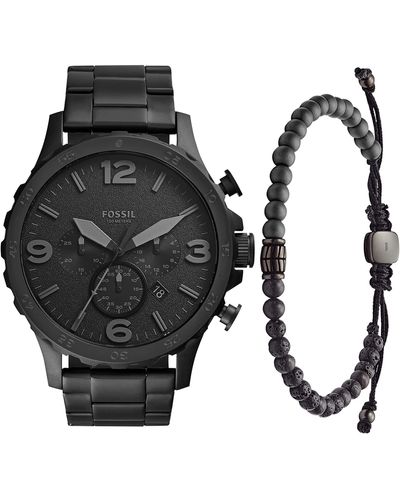 Fossil Nate Quartz Stainless Steel Chronograph Watch With Hematite And Black Lava Stone Bracelet