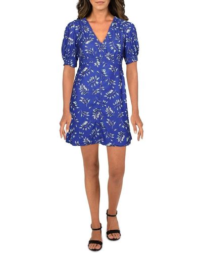 French Connection Feuille Tropical Printed Puff Sleeve Mini Dress - Blue