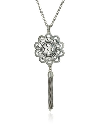 Lucky Brand Silver-tone Floral Tassel Long Length Pendant Necklace - Metallic