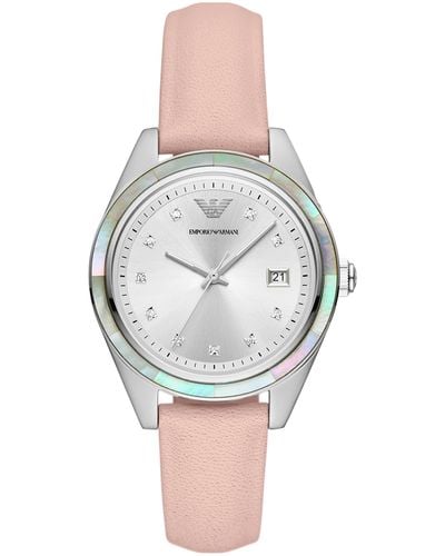 Emporio Armani Three-hand Date Pink Leather Band Watch