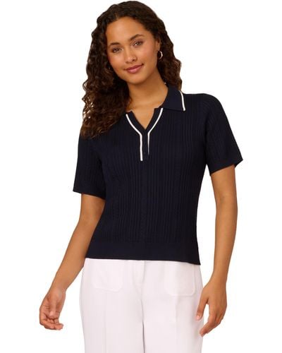 Adrianna Papell Open V-neck Polo Mix Rib Cable Sweater With Short Sleeves - Blue