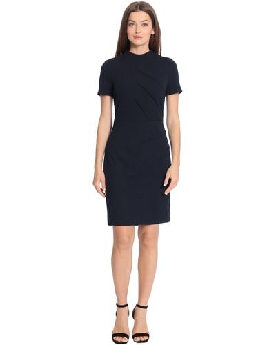 Maggy London Pintuck Detailed Mock Neck Dress Career Office Workwear Occasion Event Guest Of - Blue