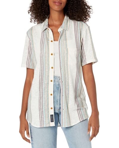 Lucky Brand Linen Short Sleeve Multi Stripe Button Up Shirt - White
