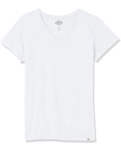 Dickies Womens Short Sleeve V-neck T-shirt Work Utility T Shirt - White