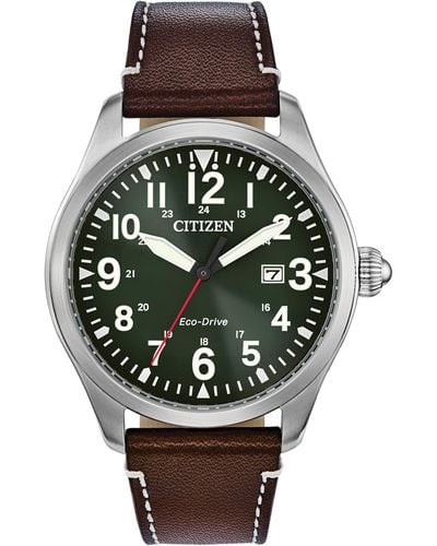 Citizen Eco-drive Weekender Garrison Field Watch In Stainless Steel With Brown Leather Strap - Metallic