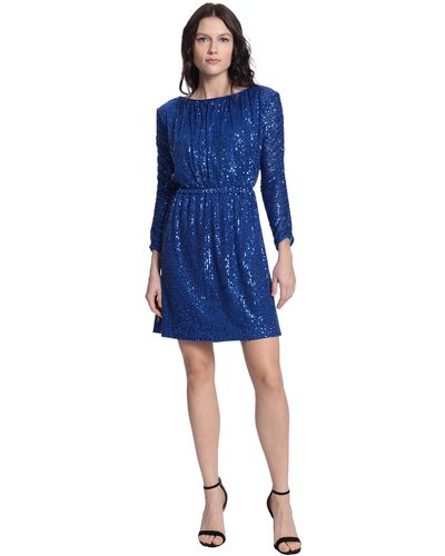 Donna Morgan Ruched Long Sleeve Sequin Dress - Blue