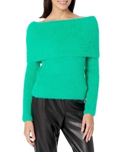 BCBGMAXAZRIA Off Shoulder Neck Long Sleeve Fold Over Collar Rip Pullover Sweater Top - Green