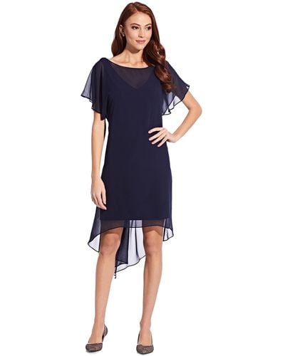 Adrianna Papell Womens Flutter Sleeve Chiffon With High Low Hemline Cocktail Dress - Blue