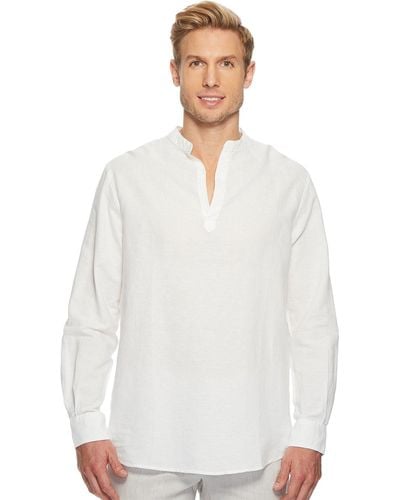 Perry Ellis Solid Linen Popover Long Sleeve Shirt - White