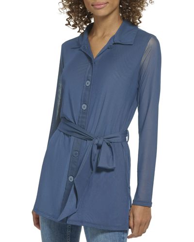 Calvin Klein Casual Cardigan Belted Button Front Blouse - Blue