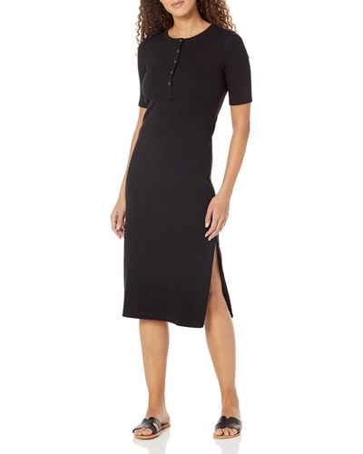 Calvin Klein Petite Midi Length Ribbed Button-closures Dress - Black