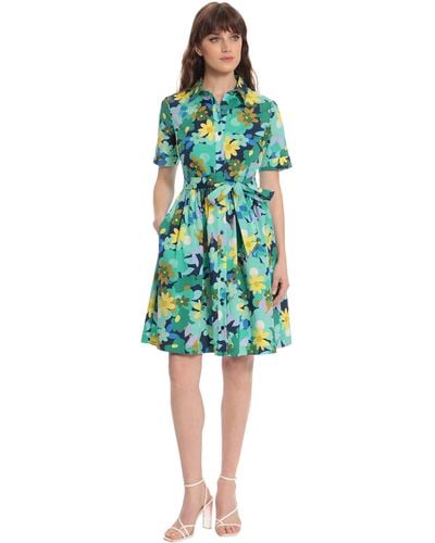 Donna Morgan Floral Printed Collar Neck Dress With Front Placket And Short Sleeves - Green