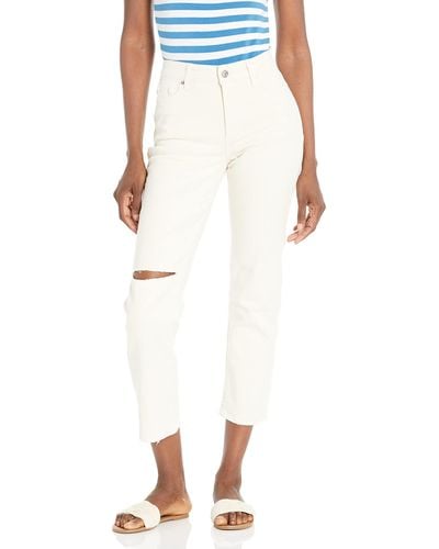 PAIGE Cindy High Rise Straight Leg Cropped In Light Sand Destructed - White