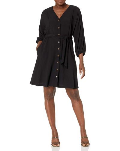 Calvin Klein V-neck Button Front A-line Dress With Self Sash Waist - Black