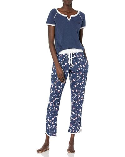Tommy Hilfiger Short Sleeve Tshirt And Logo Pant Lounge Bottom Pajama Set Pj - Blue
