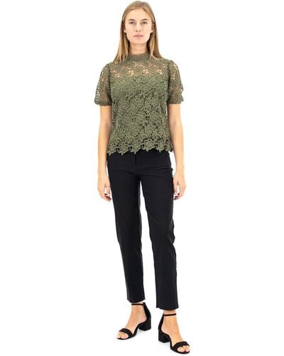 Nanette Lepore Short Sleeve Mockneck Embroidered Lace Top With Exposed Zipper - Multicolor
