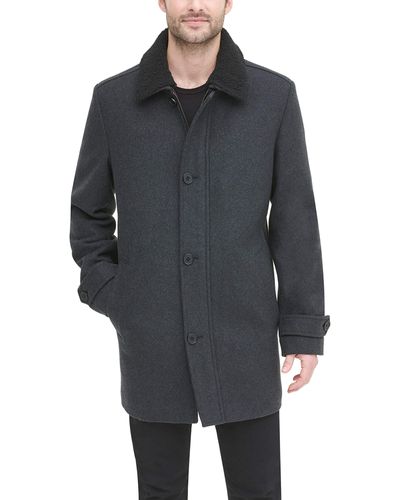 DKNY Wool Blend Walking Coat With Removable Sherpa Collar - Gray