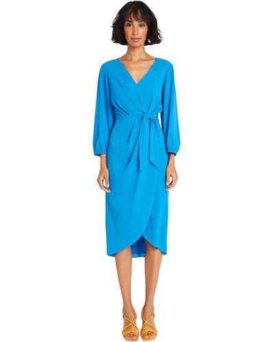 Maggy London Long Sleeve V-neck Faux Wrap Crepe Dress Event Party Occasion Guest Of - Blue