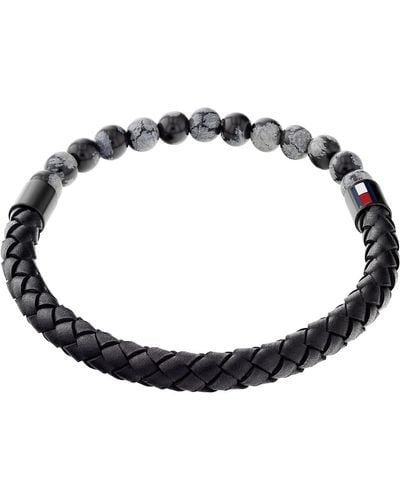 Tommy Hilfiger Jewelry Ionic Plated Black Steel & Black Leather & Gray Snowflake Beads Leather Bracelet,color: Black
