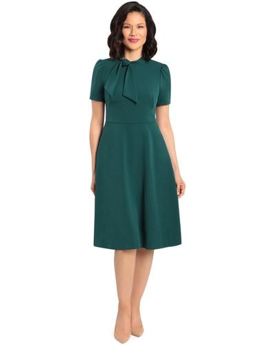 Maggy London Crepe Fabric Flight Attendant Bow Neck Tie Short Sleeve A-line - Green