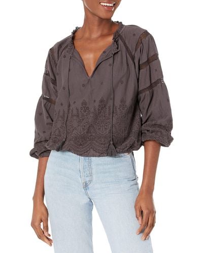 Lucky Brand Long Sleeve Embroidered Knit Top - Brown