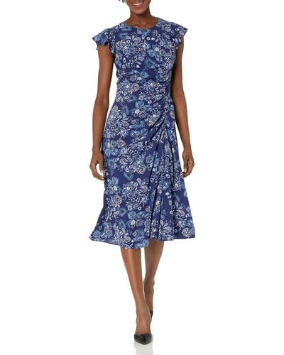 Vince Camuto Pebble Crepe Flutter Sleeve Midi With Ruched Front - Blue