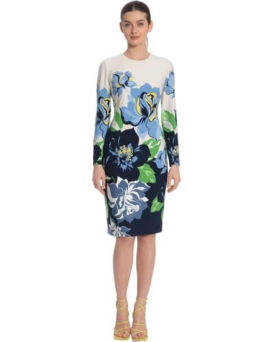 Maggy London Placement Print Matte Jersey Midi Sheath Career Office Workwear Event Occasion Guest Of - Blue
