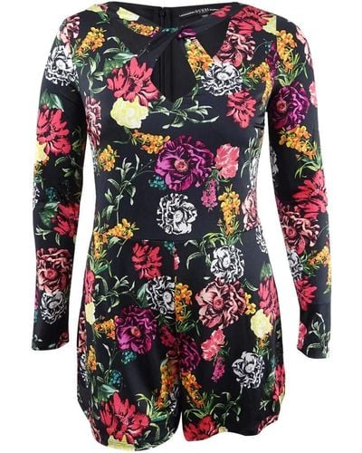Guess Floral Long Sleeve Cutout Black Jersey Romper - Multicolor