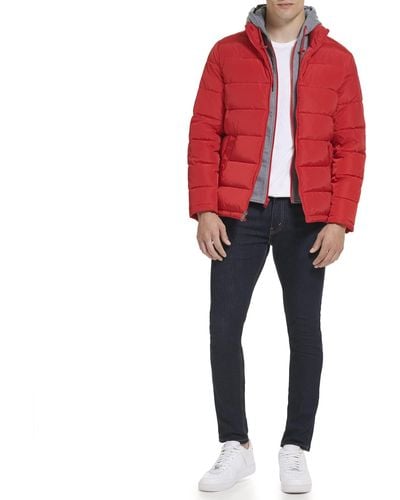 Kenneth Cole Hood Puffer Angled Welt Pockets Horizontal Quilting Jacket - Red