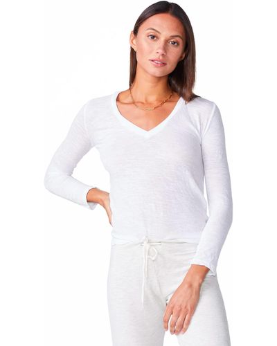 Monrow Textured Tri-blend Fitted Long Sleeve V-neck T-shirt - White