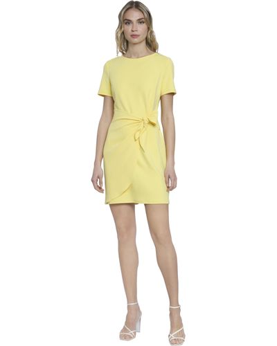 Donna Morgan Jewel Neck Short Sleeve Faux Wrap Versatile S Dresses - Yellow