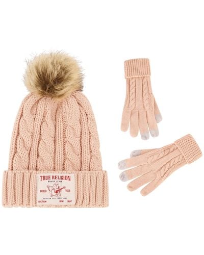 True Religion Beanie Hat And Touchscreen Glove Set - Pink
