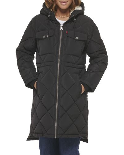 Levi's Soft Sherpa Lined Diamond Quilted Long Parka Jacket - Black