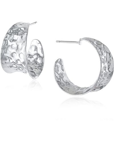 Amazon Essentials Fine Silver Plated 25mm X 13.7mm Medium Hammered Post Hoop Earrings - Metallic