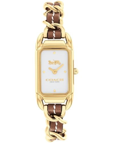 COACH 2h Quartz Watch With Genuine Leather On A Chainlink Bracelet - Water Resistant 3 Atm/30 Meters - Gift For Her - Premium Fashion - Metallic