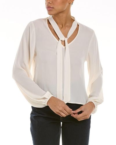 BCBGeneration Relaxed Long Sleeve Top V Neck Tie Detail Shirt - White