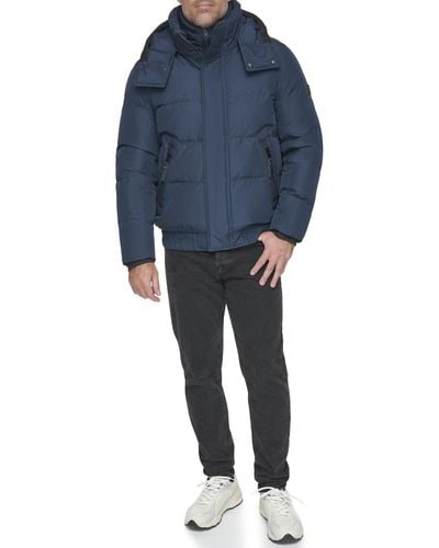 Andrew Marc Short Quilted Inner Bib Attached Down Fill Phoenix Down Bomber Hybrid - Blue