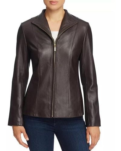 Cole Haan Fully Lined Wing Collar Leather Coat - Black