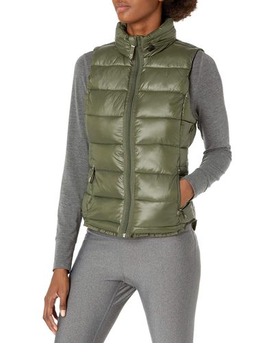 Andrew Marc Center Front Puffer Vest W/pu Trim And Sweat Knit Back - Green
