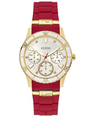 Guess Gold-tone + Iconic Red Stain Resistant Silicone Watch With Day