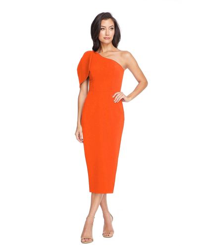 Dress the Population S Tiffany Asymmetrical Bow Neckline Bodycon Midi Dress - Orange