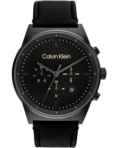 Calvin Klein Quartz 25200298 Ionic Plated Gray Steel And Leather Strap Watch - Black