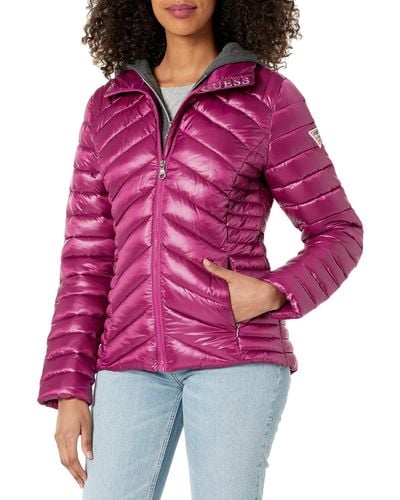 Guess Womens Hooded Packable Puffer Transitional Jacket - Red