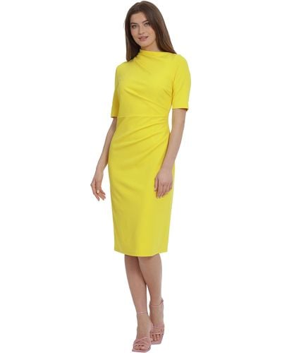 Maggy London Side Pleat Dress With Asymmetric Neck And Elbow Sleeves - Yellow