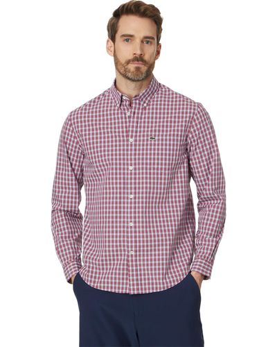 Lacoste Long Sleeve Regular Fit Plaid Casual Button-down Shirt - Purple