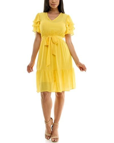 Nanette Lepore Carribean Texture Dress With Self Tie Belt And Tiered Flutter Sleeve - Yellow