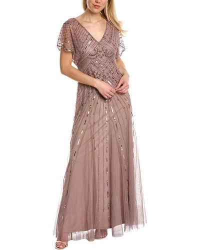 Adrianna Papell Beaded Flutter Sleeve Gown - Brown