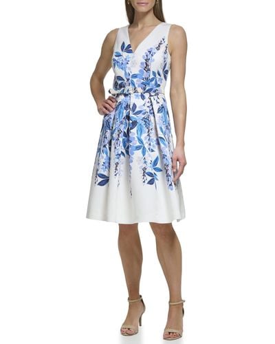 Eliza J Fit And Flare Style Woven Faille Sleeveless Vneck Floral Dress - Blue