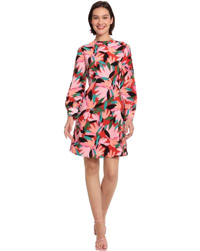 Donna Morgan Long Sleeve Mock Neck Floral Printed Fit And Flare Dress - Red